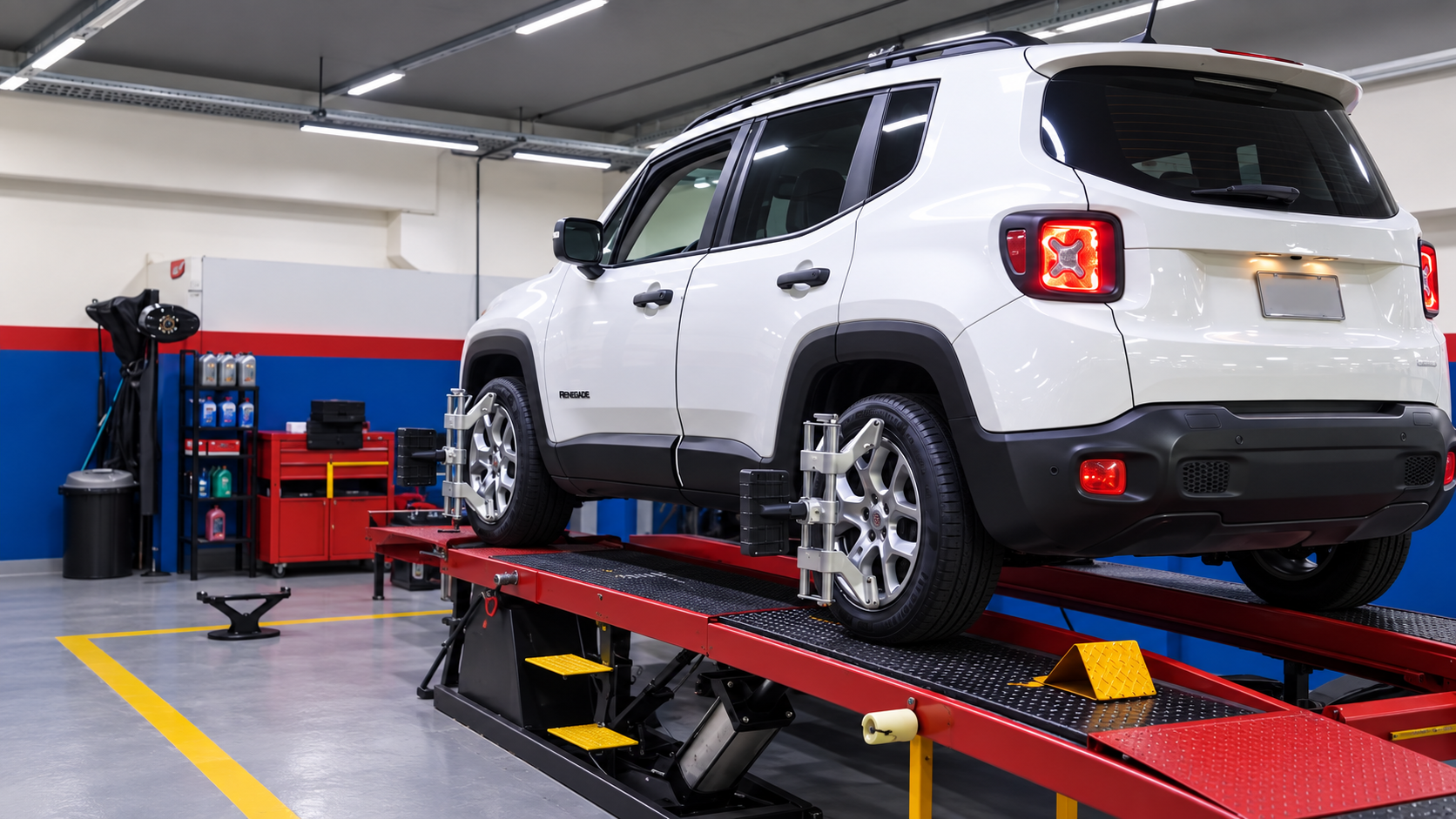 Jeep Renegade posicionado na plataforma de alinhamento