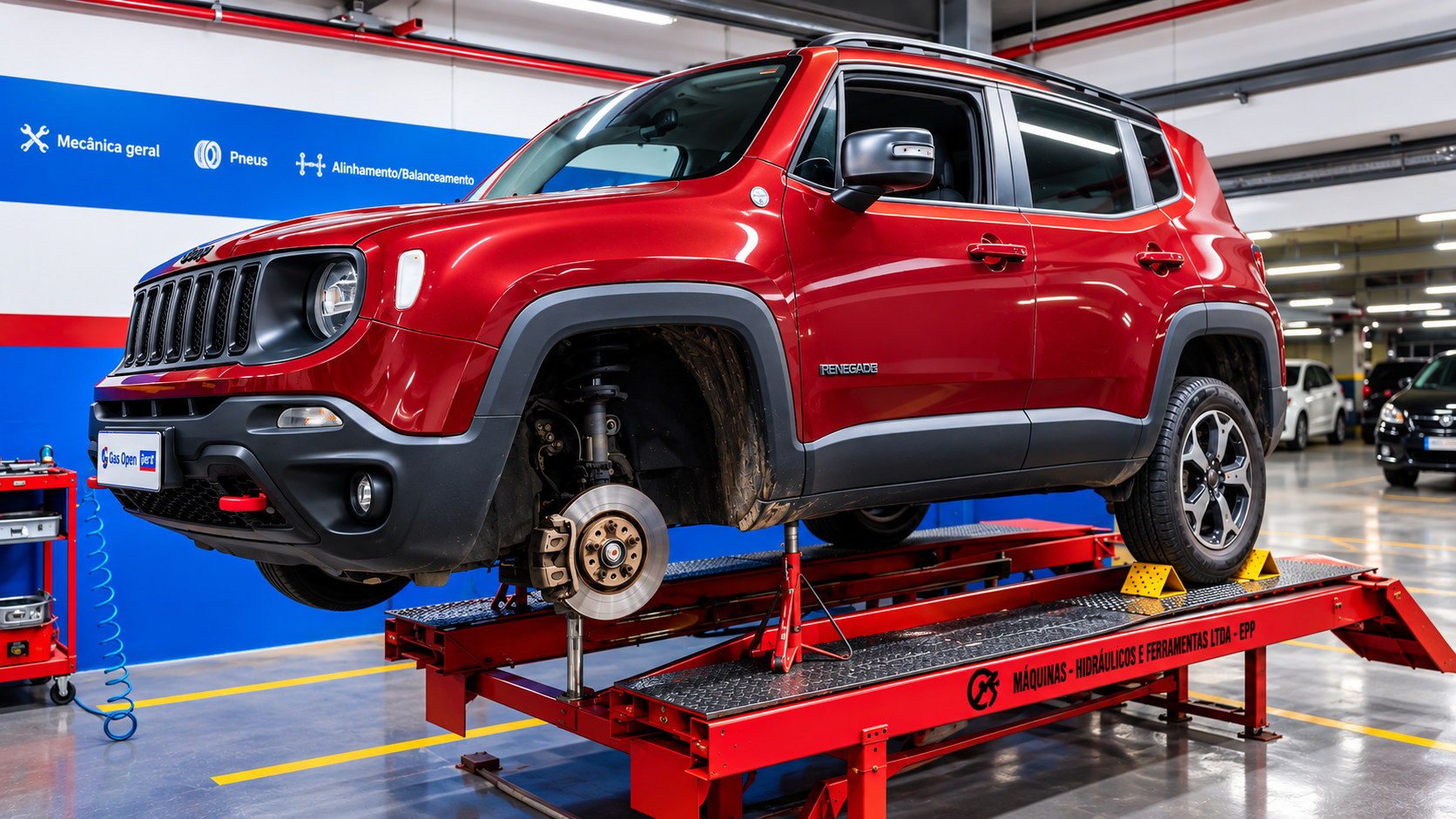 Jeep Renegade vermelho com sistema de freio em manutenção